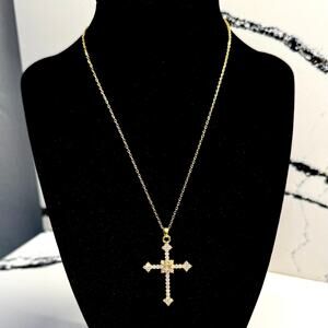 Gold Tone Crystal Cross Pendant Necklace Adjustable Religious Fashion Jewelry